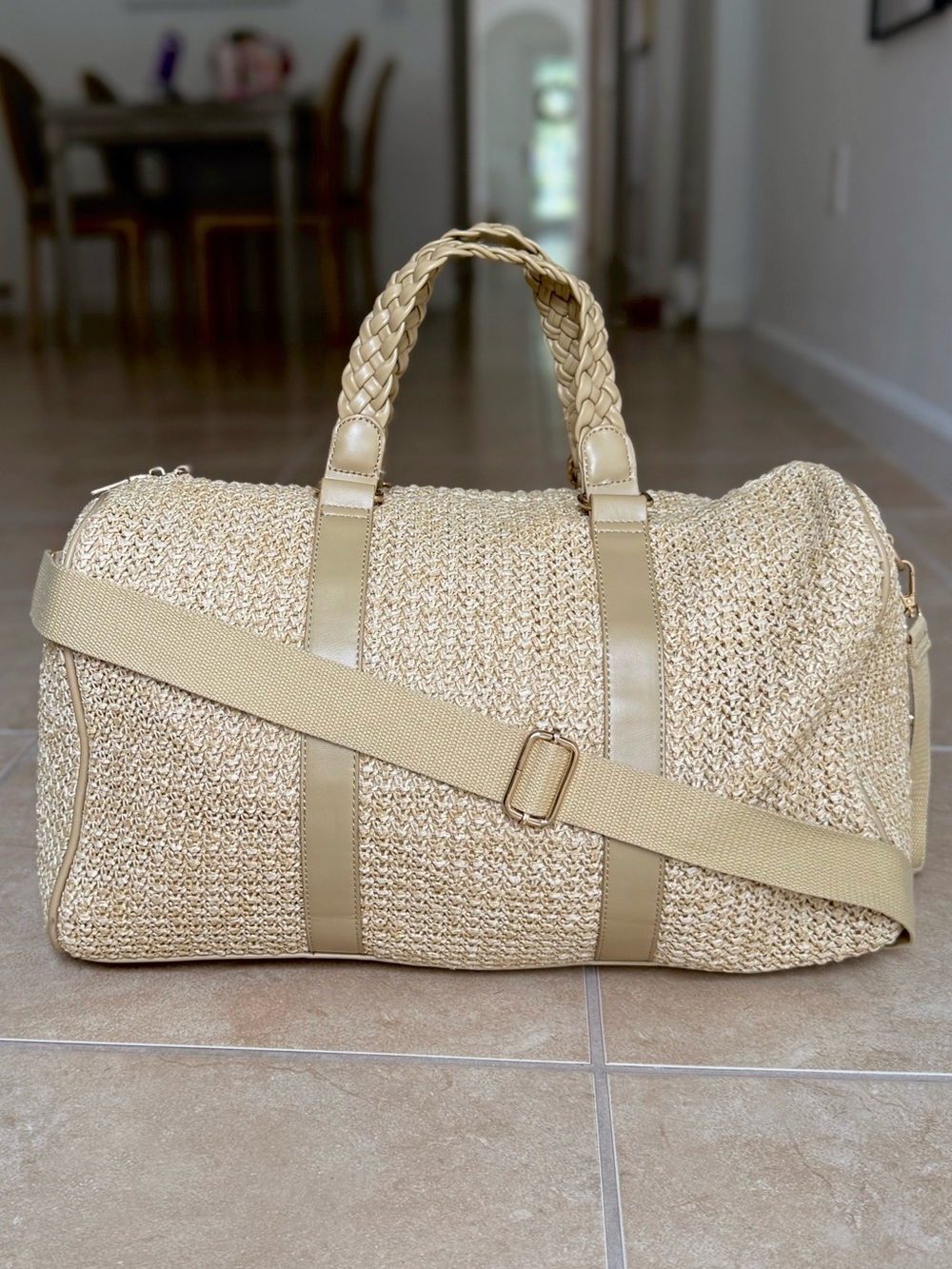 Duffel Travel Weekender Straw Woven Bag with shoulder strap